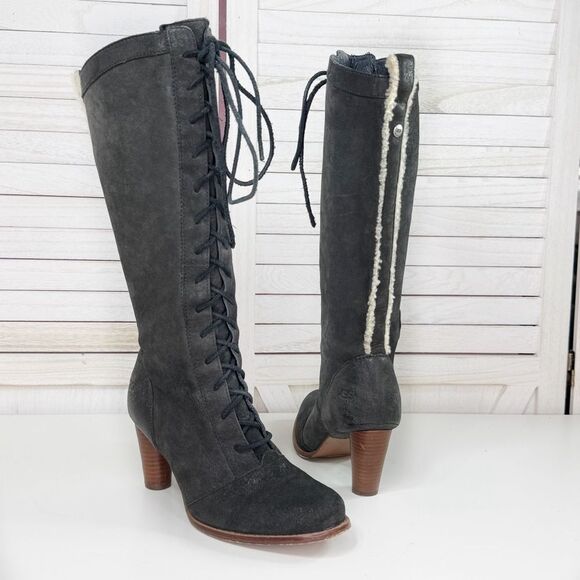 Ugg Camille Oil Rubbed Leather Lace Up Knee High Heeled Boots Black 6.5 5488 - Picture 13 of 13